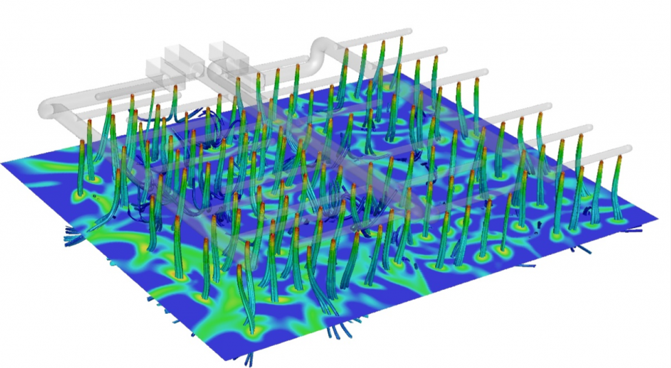 A computational fluid dynamics simulation of airflow vectors leaving a fabric duct