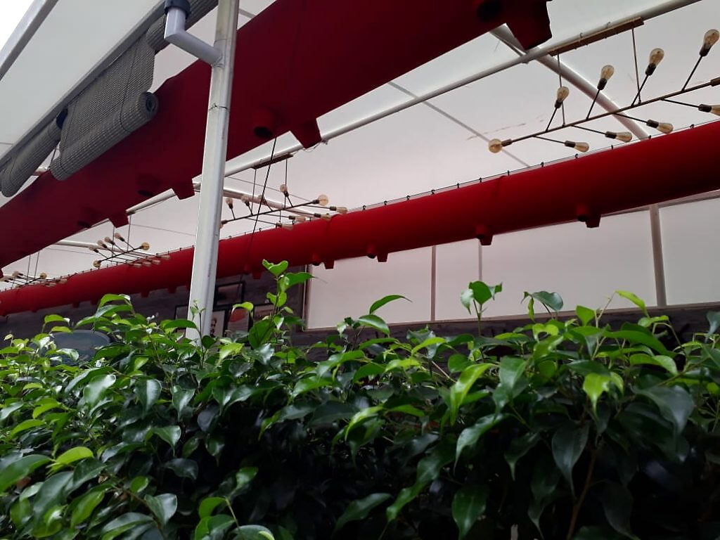 A fabric duct conditioning a large planted industrial space